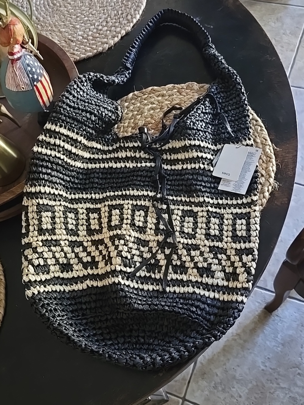 BRAND NEW MANGO ADORABLE Handwoven Black & Cream Tote Bag